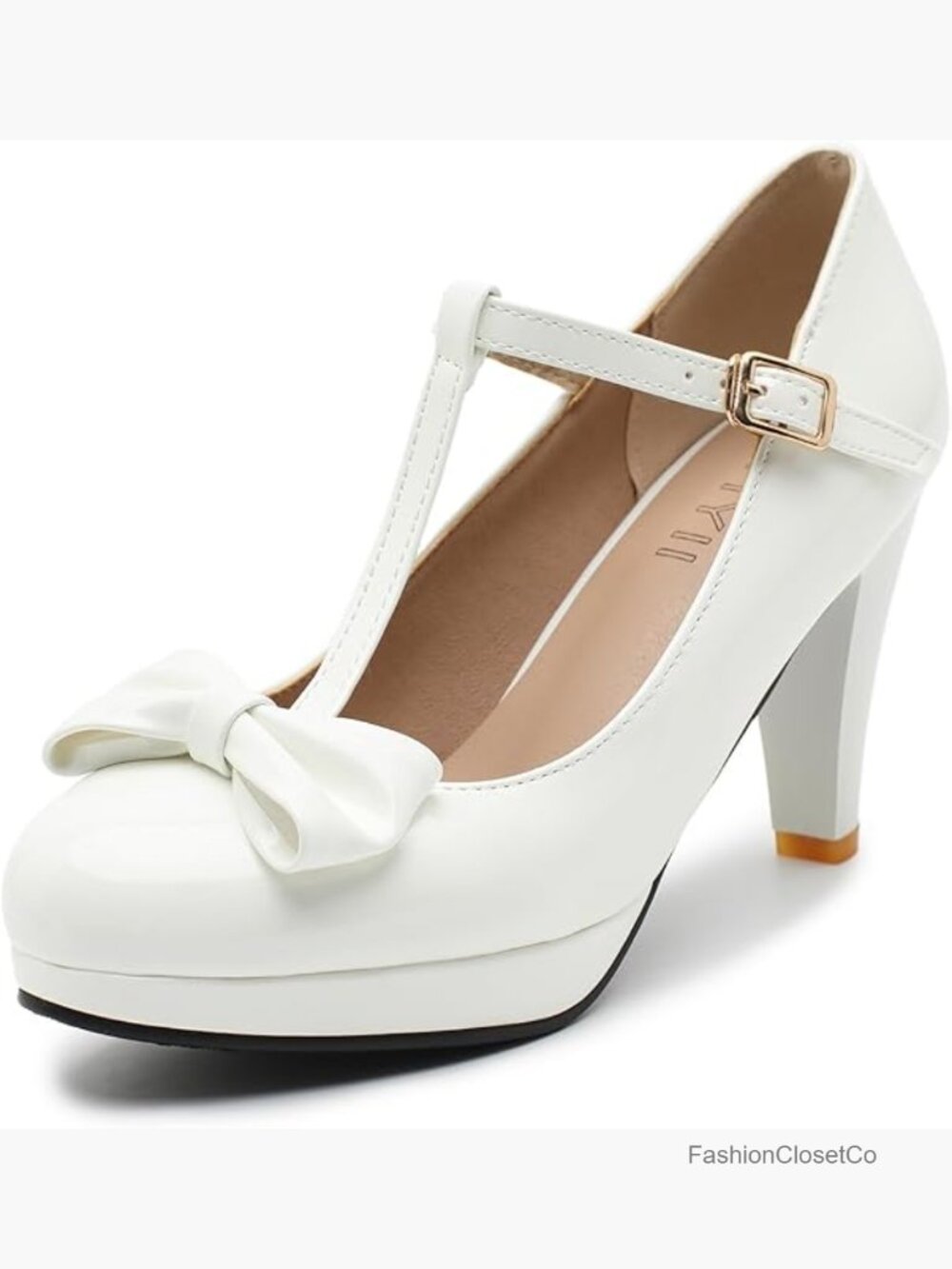 Vintage Mary Jane Platform Pumps with Bow, T-Strap, 2.75" Block Heel,